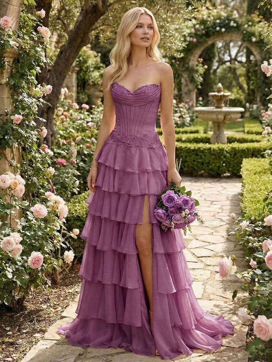 Sunshine Cascade Strapless Tiered Corset Prom Dress with Slit