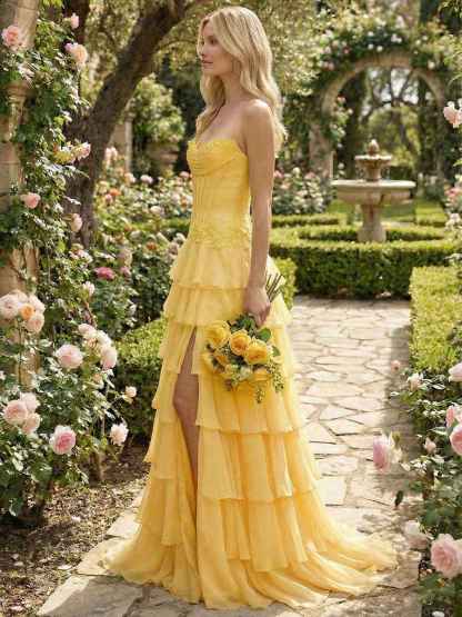 Sunshine Cascade Strapless Tiered Corset Prom Dress with Slit