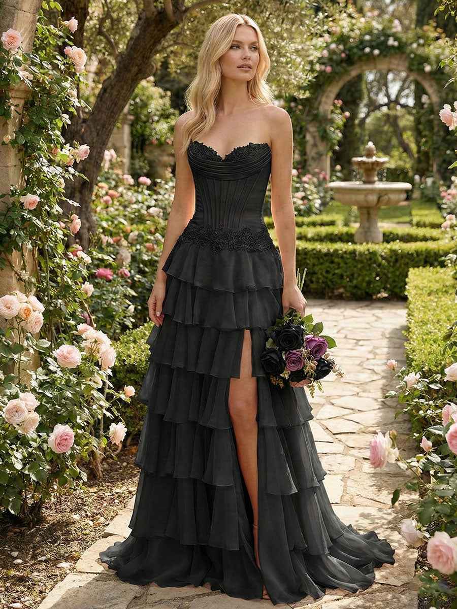 Sunshine Cascade Strapless Tiered Corset Prom Dress with Slit