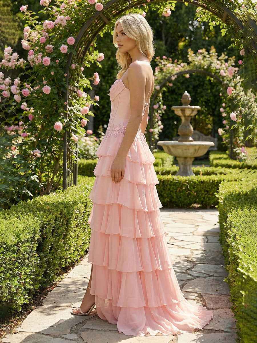 Sunshine Cascade Strapless Tiered Corset Prom Dress with Slit