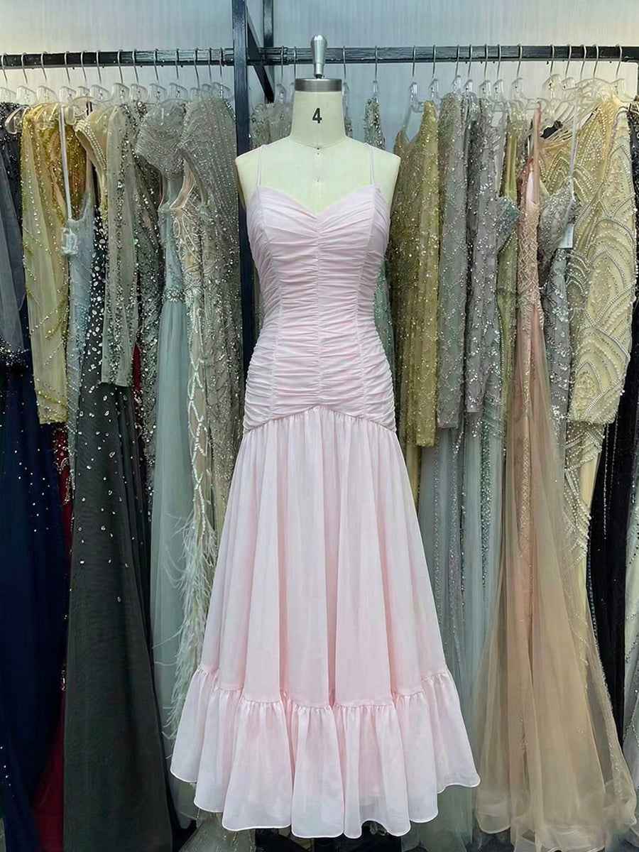 Sweet Blush Pink A Line Ruched Drop-Waist Prom Dress