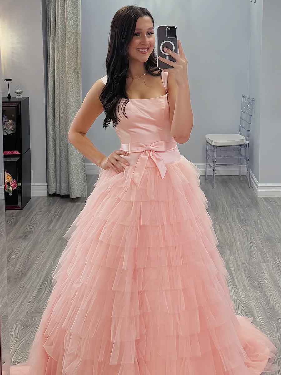 Sweet Light Pink Tiered Ruffle Tulle Prom Dress with Bow