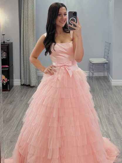 Sweet Light Pink Tiered Ruffle Tulle Prom Dress with Bow