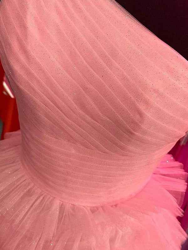 Sweet Pink One-Shoulder Tiered Tulle Long Prom Dress