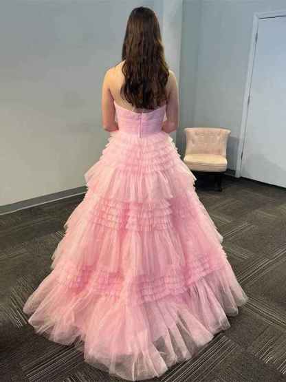 Sweet Pink One-Shoulder Tiered Tulle Long Prom Dress