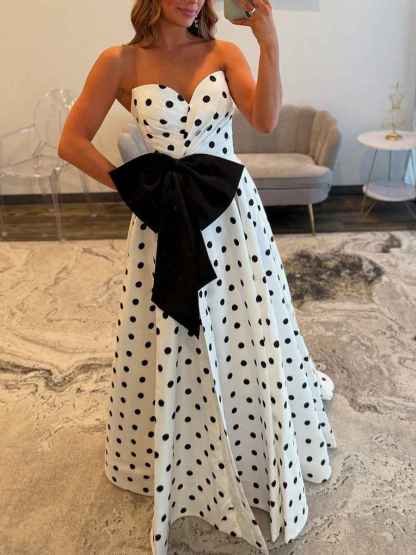 Sweetheart Dot Satin Long Prom Dress with Bow