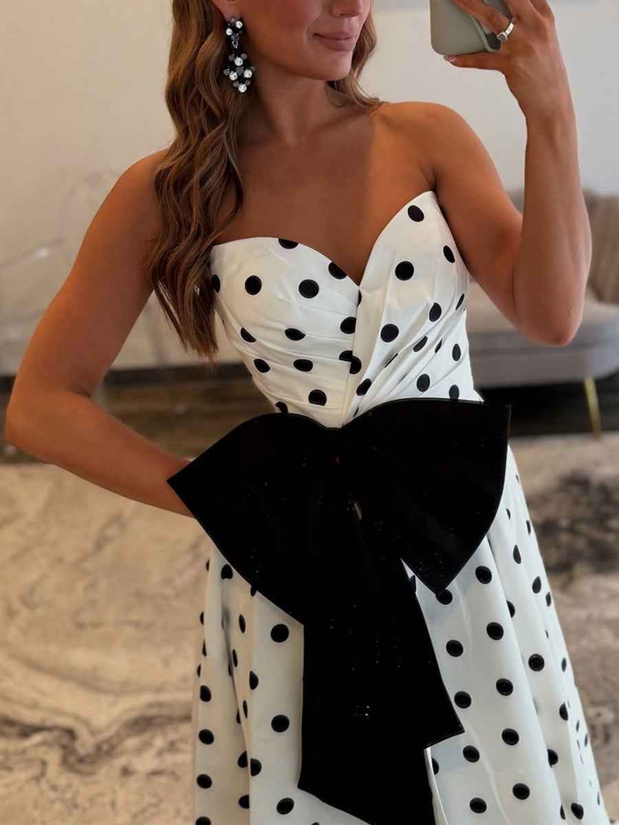 Sweetheart Dot Satin Long Prom Dress with Bow
