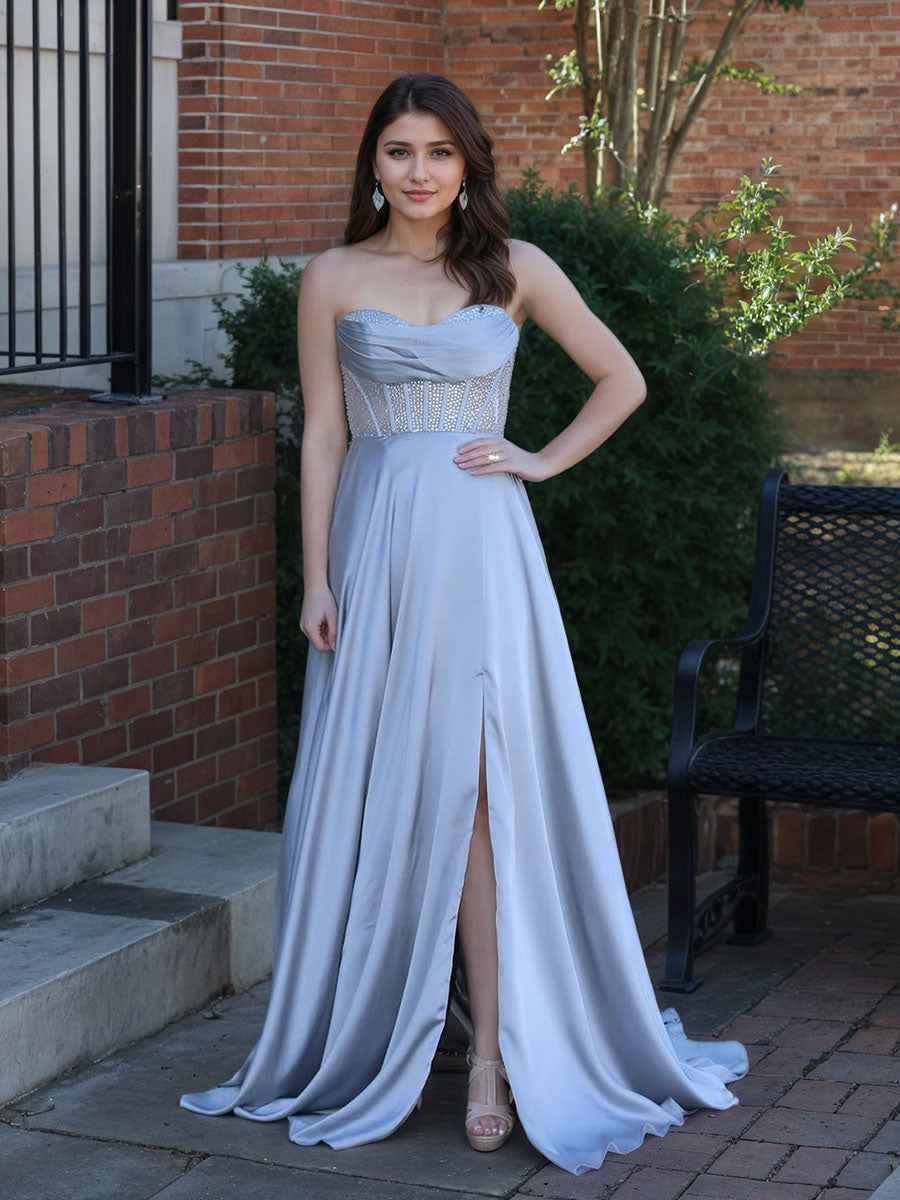 Sweetheart A-Line Satin Beaded Corset Prom Dress with Slit