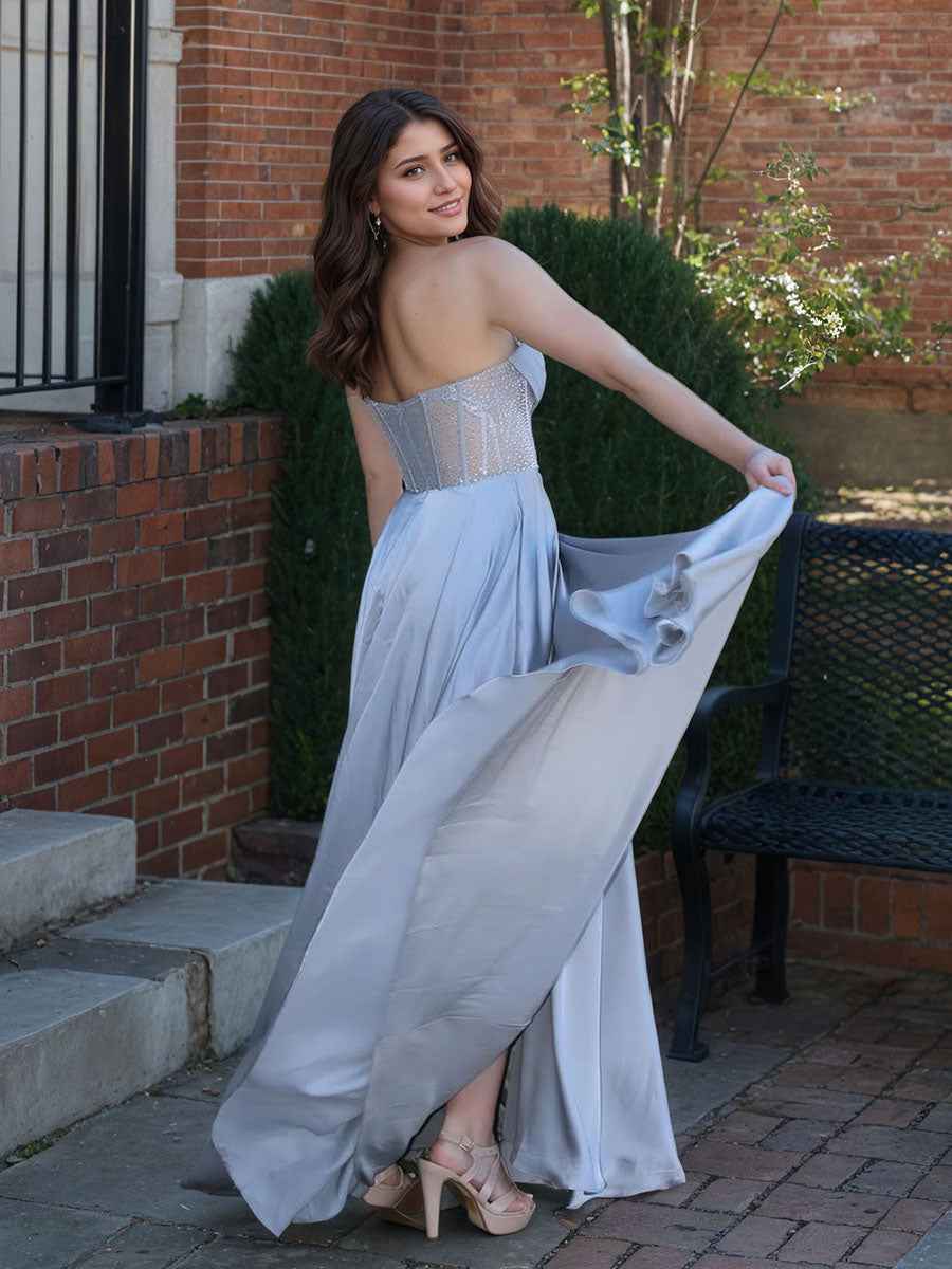 Sweetheart A-Line Satin Beaded Corset Prom Dress with Slit