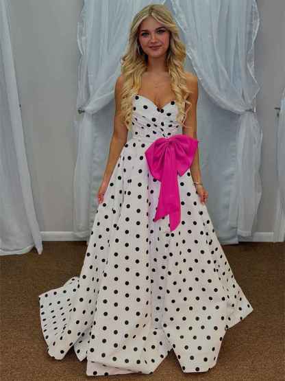 Sweetheart Dot Satin Long Prom Dress with Bow