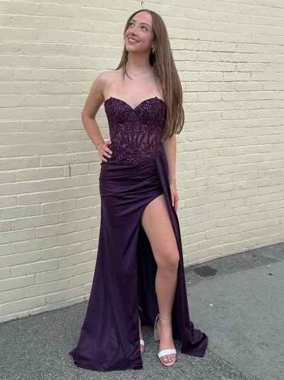 Sweetheart Mermaid Appliqued Long Corset Prom Dress with Slit