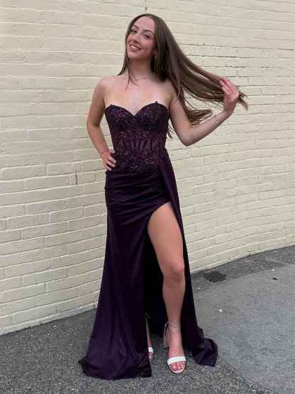 Sweetheart Mermaid Appliqued Long Corset Prom Dress with Slit