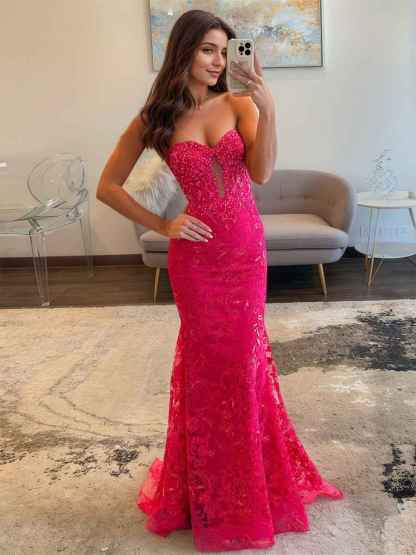 Sweetheart Strapless Empire Lace Mermaid Long Prom Dress