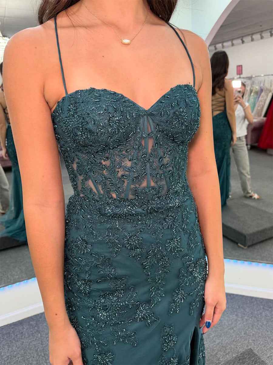 Sweetheart Strapless Floral Lace Prom Dress with High Slit