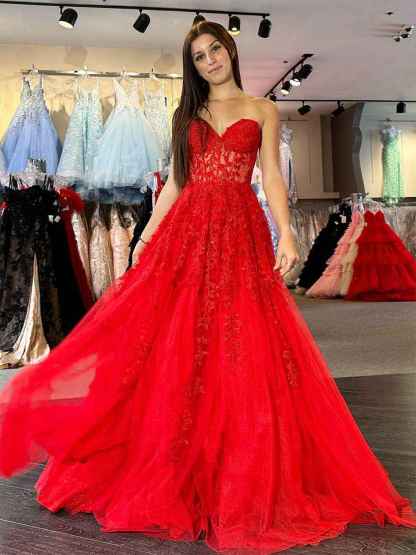 Sweetheart Strapless Lace Corset A-Line Long Prom Dress