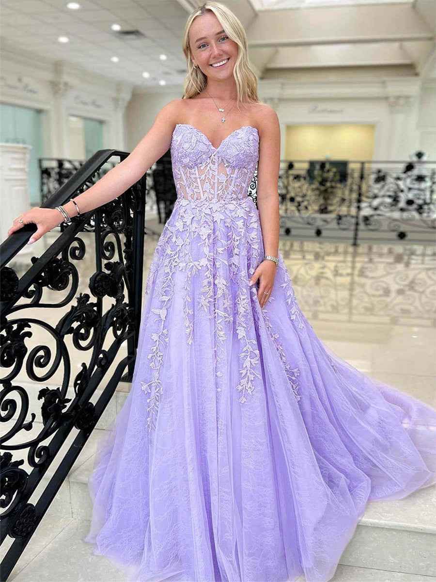 Sweetheart Strapless Lace Corset A-Line Long Prom Dress