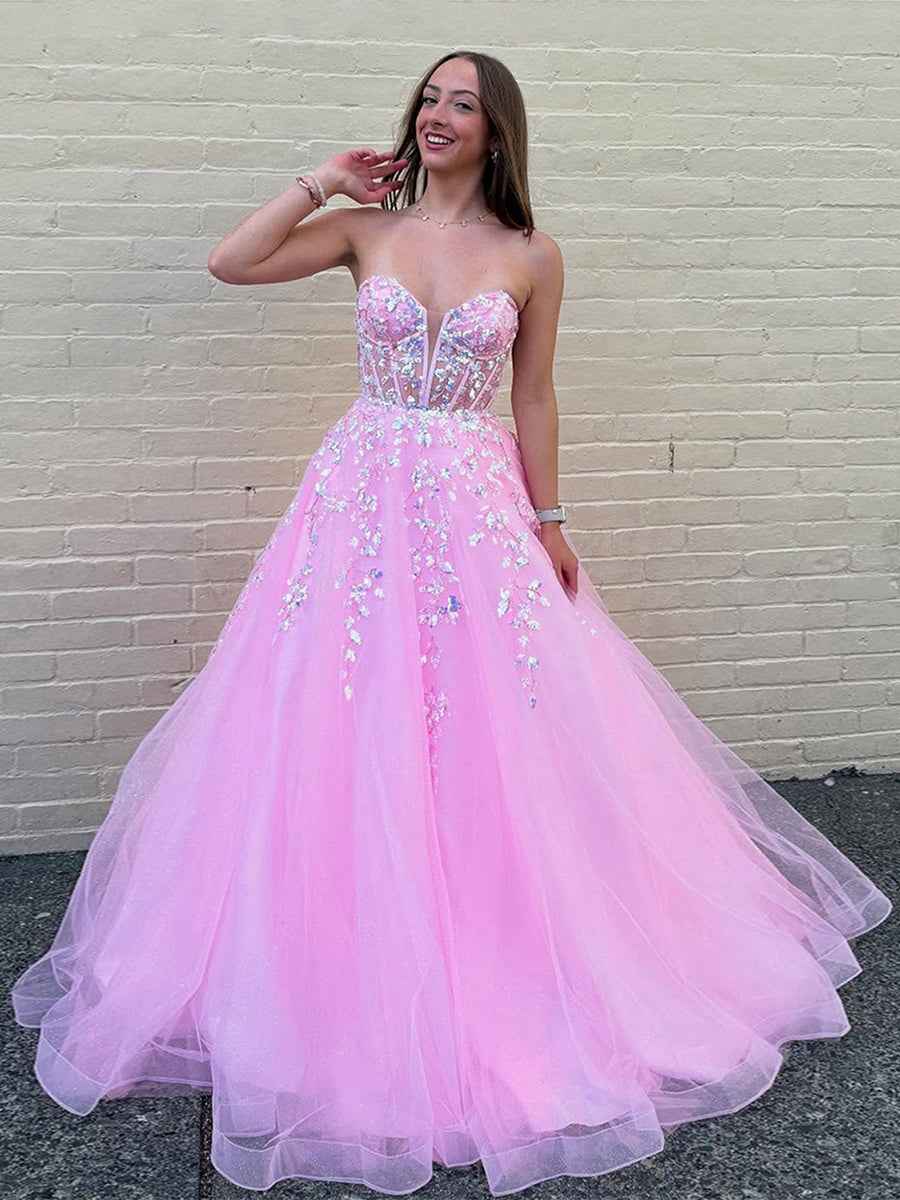Sweetheart Strapless Long Corset Prom Dress with Appliques