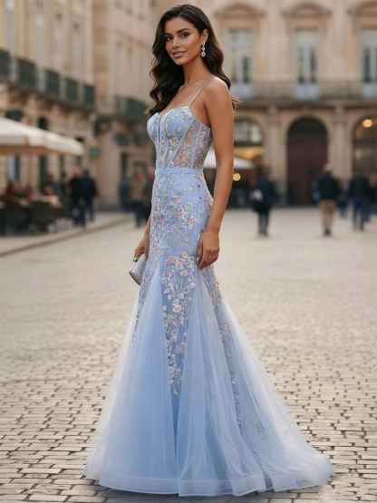 Sweetheart Tulle Mermaid Prom Dress with Sequin Floral Embroidery