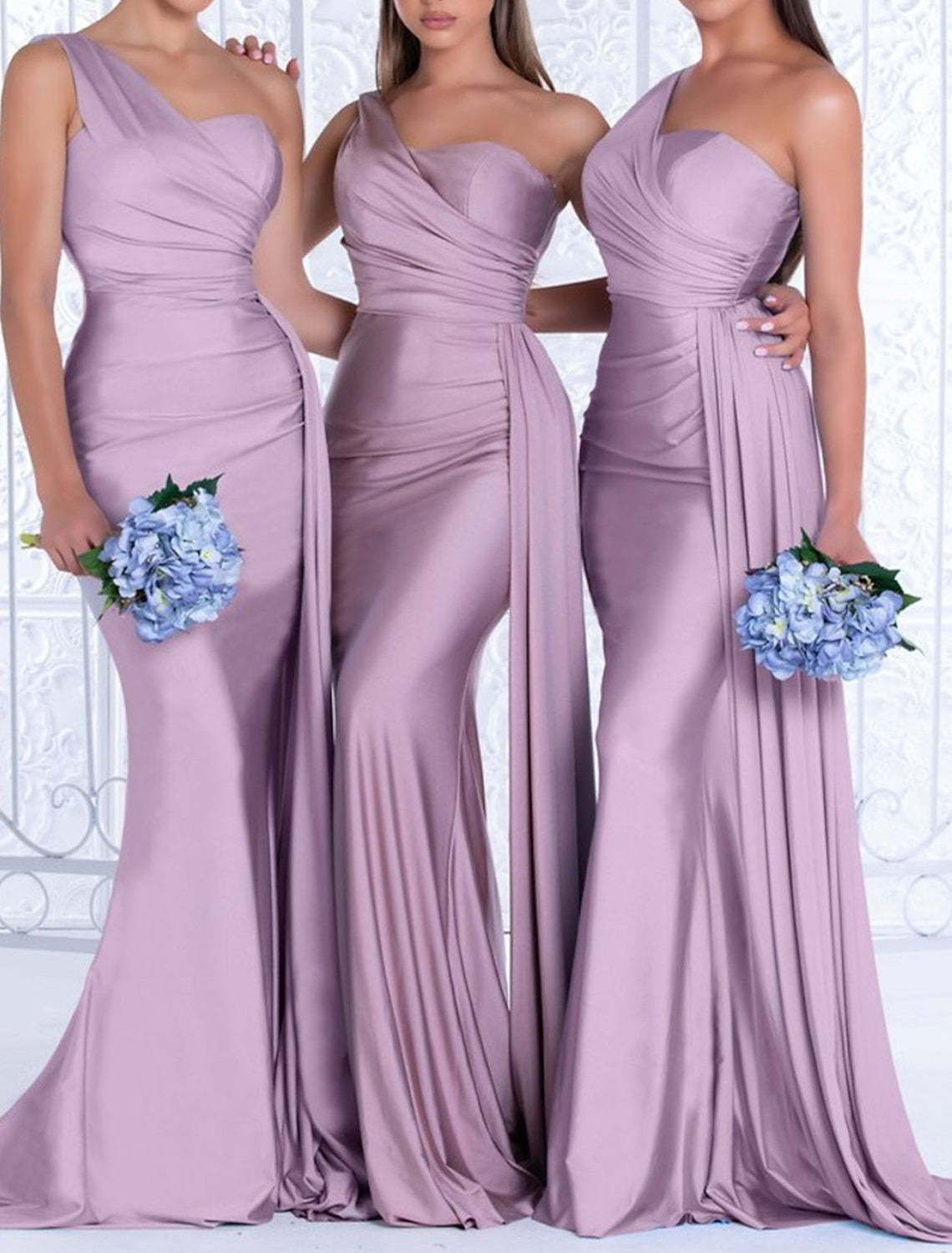 Long One-Shoulder Floor-length Bridesmaid Dresses in Trumpet/Mermaid Style