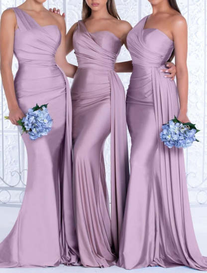 Long One-Shoulder Floor-length Bridesmaid Dresses in Trumpet/Mermaid Style