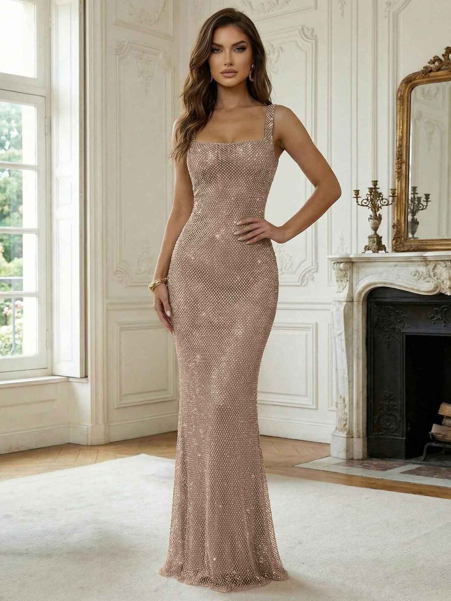 Crystal-Embellished Mermaid Long Prom Dress with Square Neckline