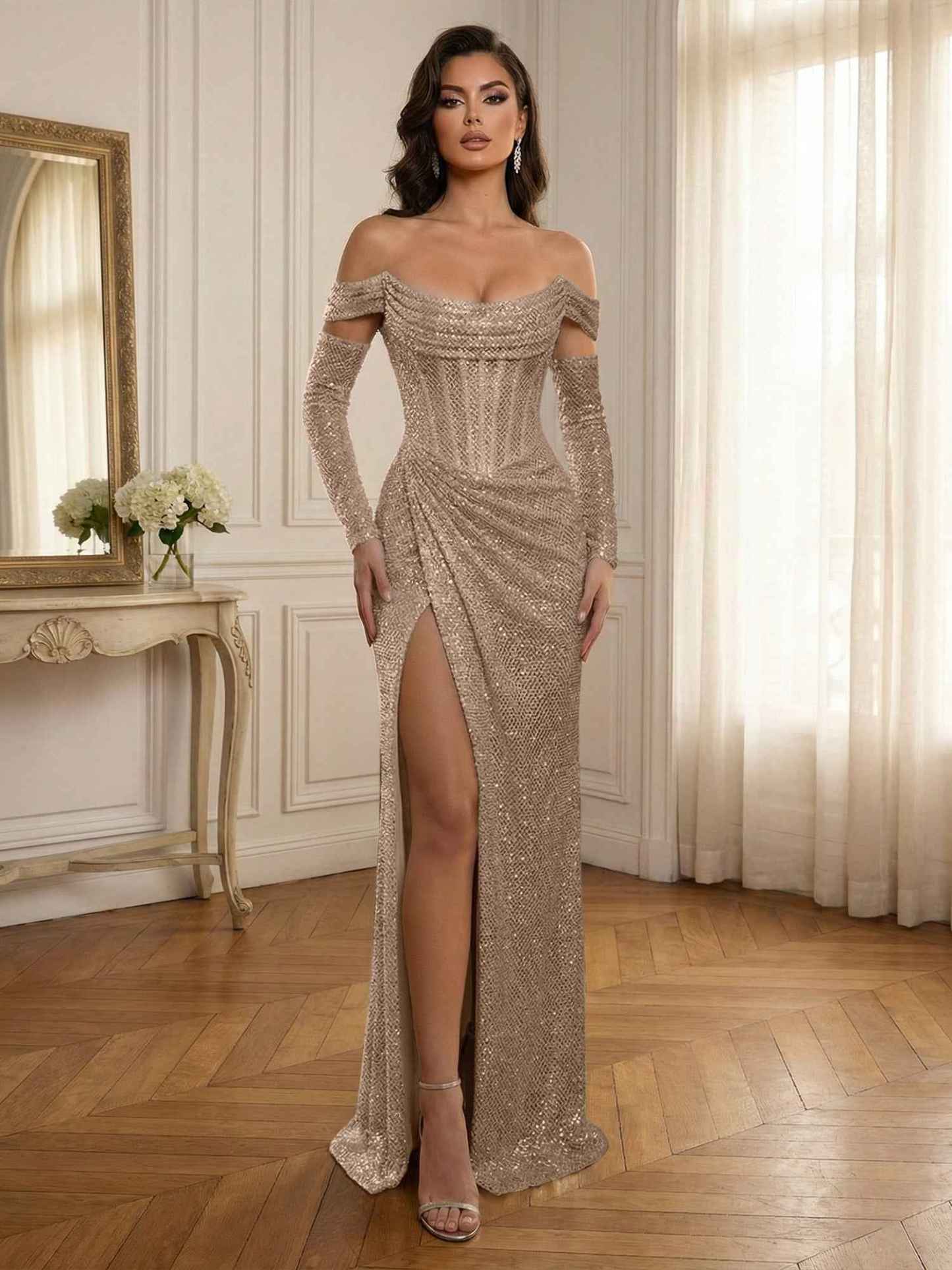 Silver Sequin Off-the-Shoulder Long Sleeves Corset Prom Dress with Slit