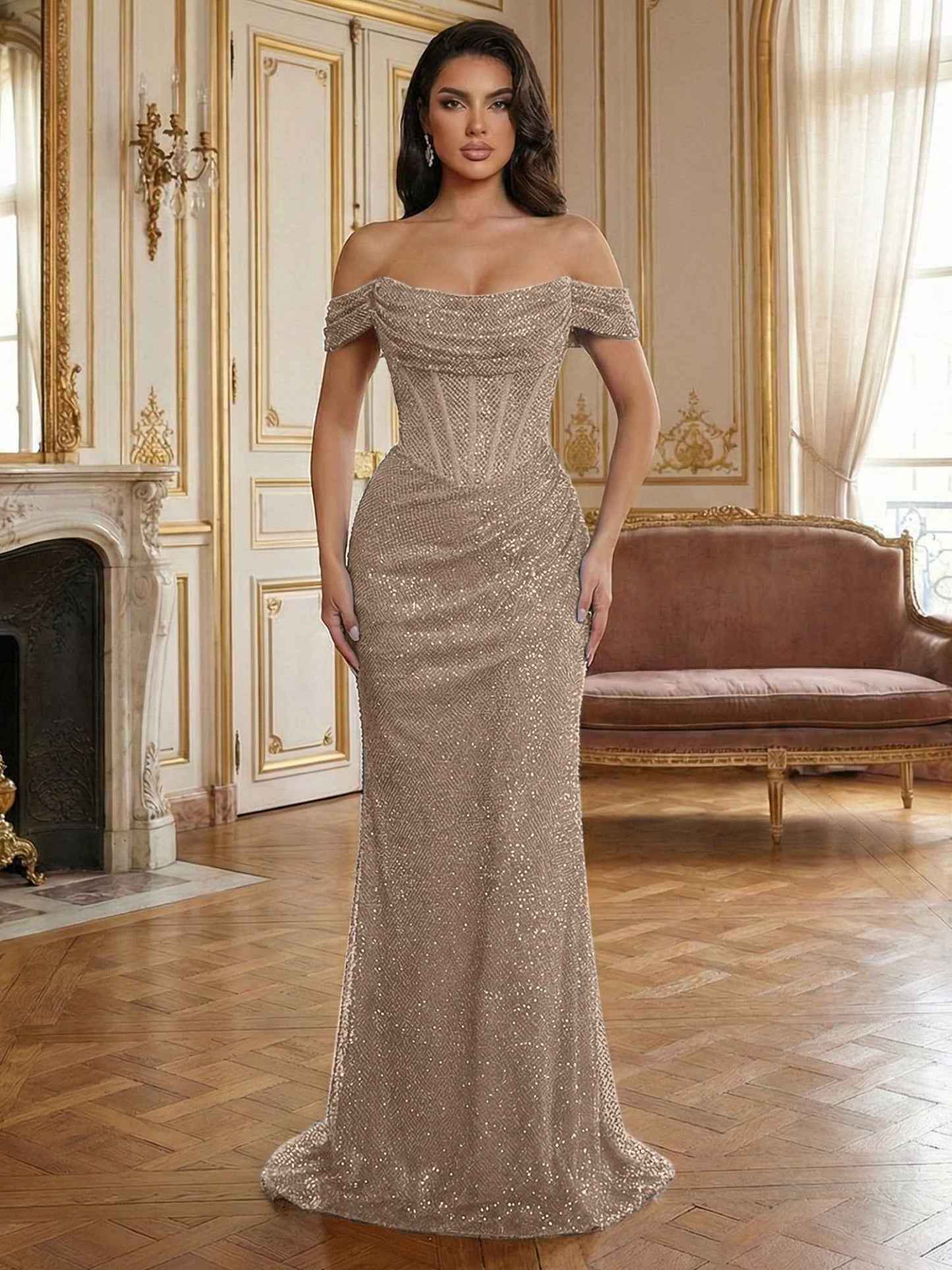 Red Off-The-Shoulder Sequined Corset Mermaid Long Prom Dress