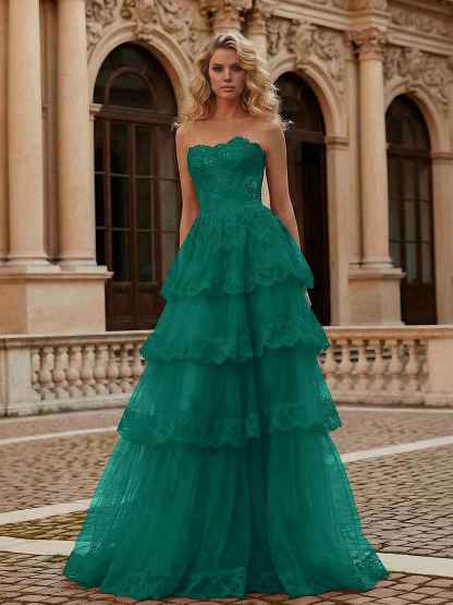 Red Tiered Tulle Strapless Lace Bodice A-Line Long Prom Dress