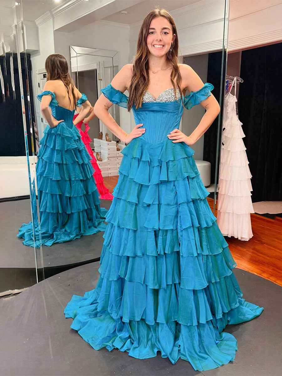 Teal Blue Tiered Ruffle Prom Dress with Crystal Basque Waist Corset