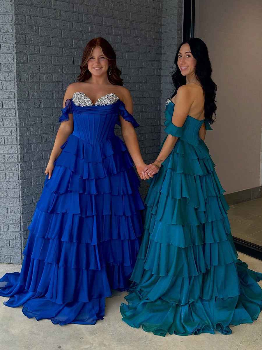 Teal Blue Tiered Ruffle Prom Dress with Crystal Basque Waist Corset