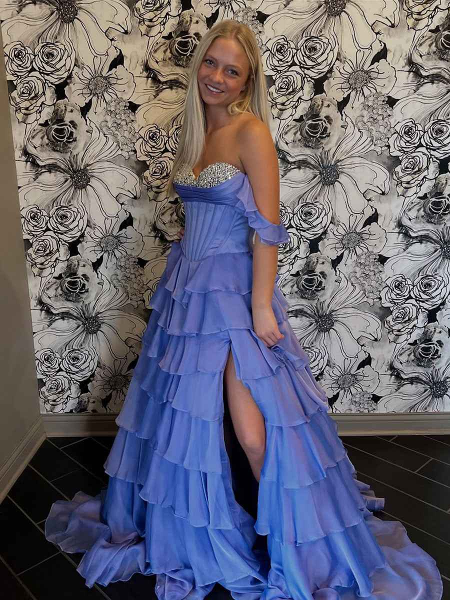 Teal Blue Tiered Ruffle Prom Dress with Crystal Basque Waist Corset