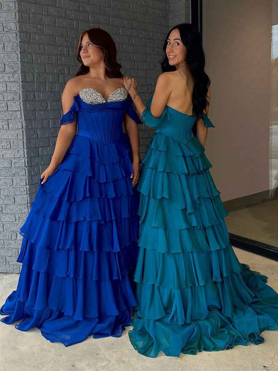 Teal Blue Tiered Ruffle Prom Dress with Crystal Basque Waist Corset