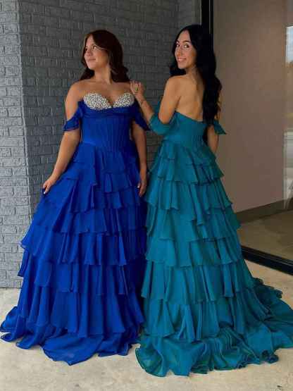 Teal Blue Tiered Ruffle Prom Dress with Crystal Basque Waist Corset