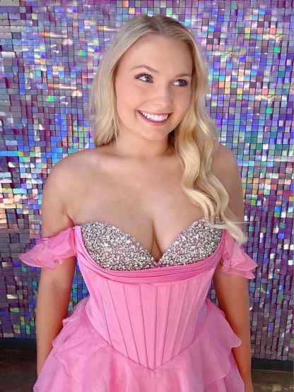 Teal Blue Tiered Ruffle Prom Dress with Crystal Basque Waist Corset