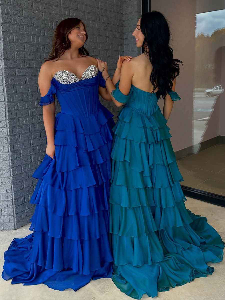 Teal Blue Tiered Ruffle Prom Dress with Crystal Basque Waist Corset