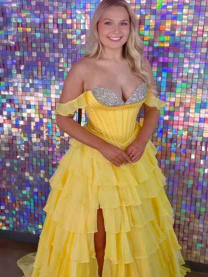 Teal Blue Tiered Ruffle Prom Dress with Crystal Basque Waist Corset