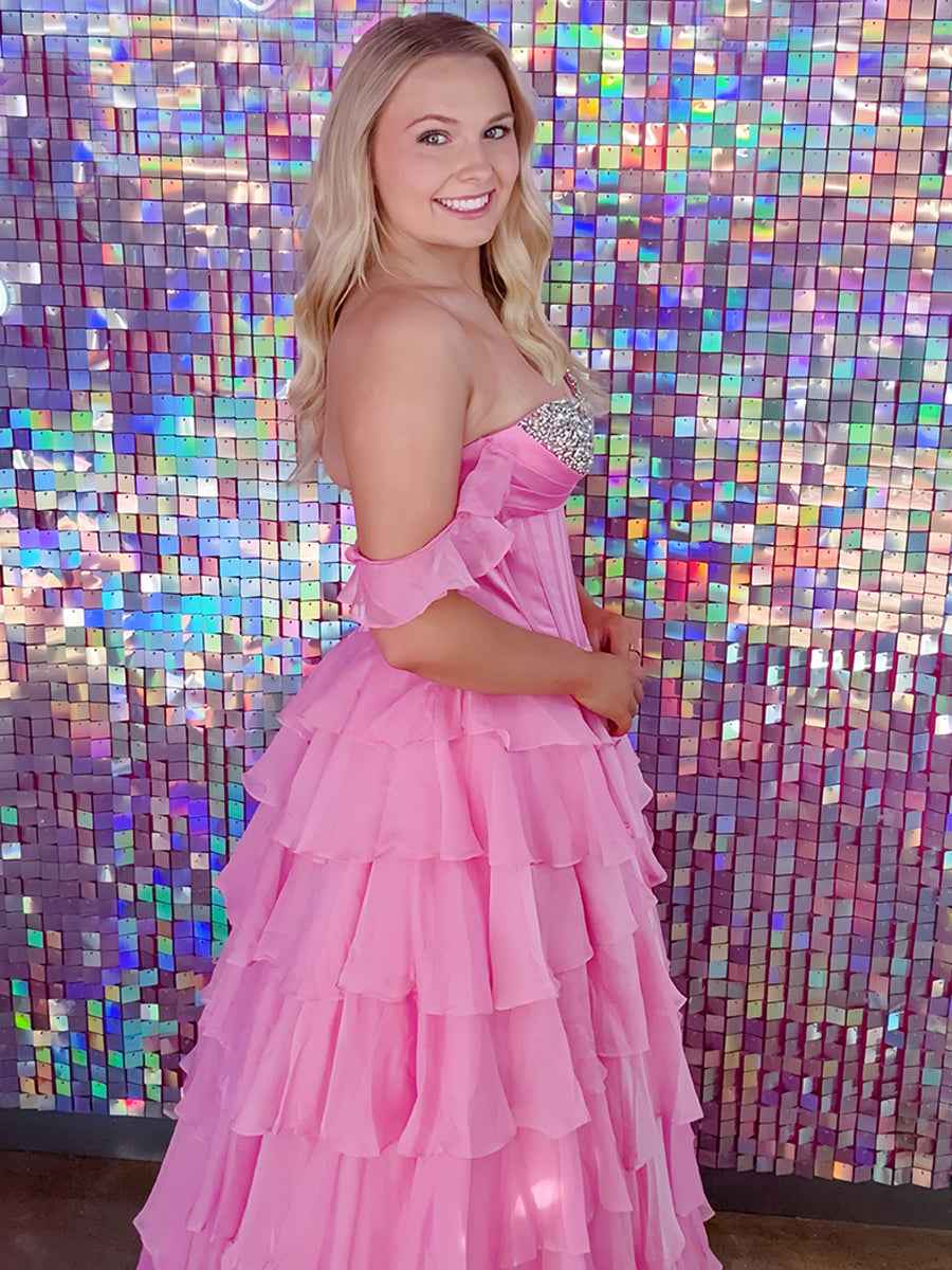 Teal Blue Tiered Ruffle Prom Dress with Crystal Basque Waist Corset