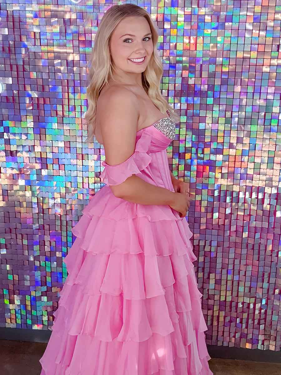 Teal Blue Tiered Ruffle Prom Dress with Crystal Basque Waist Corset