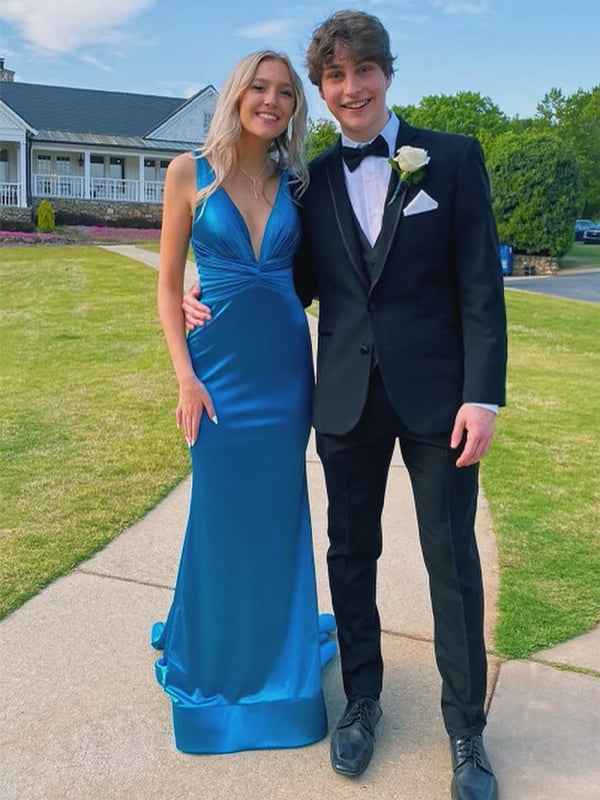 Teal Mermaid Plunge Neck Twist Satin Long Prom Dress