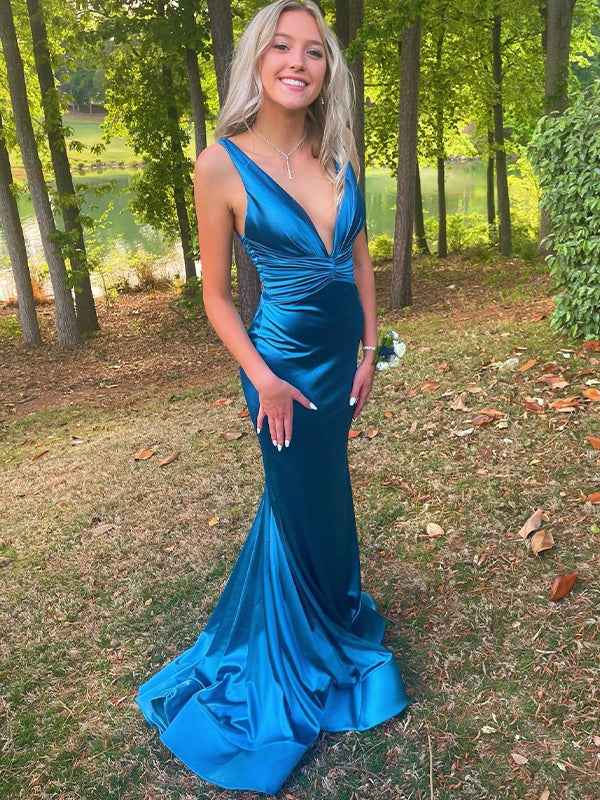 Teal Mermaid Plunge Neck Twist Satin Long Prom Dress