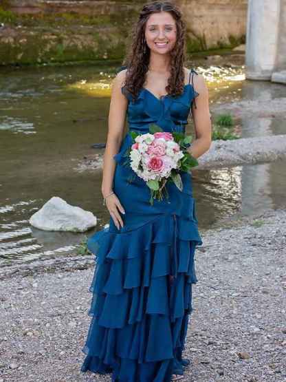 Fuchsia Mermaid Spaghetti Straps Ruffles Long Prom Party Dress