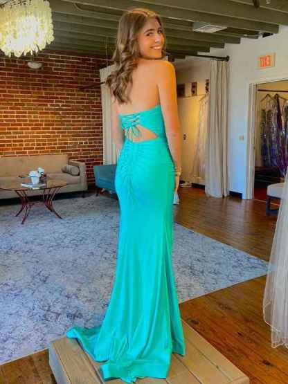 Teal Mermaid Strapless Fitted Long Prom Party Dress with Slit
