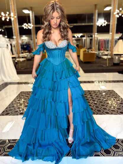Teal Blue Tiered Ruffle Prom Dress with Crystal Basque Waist Corset