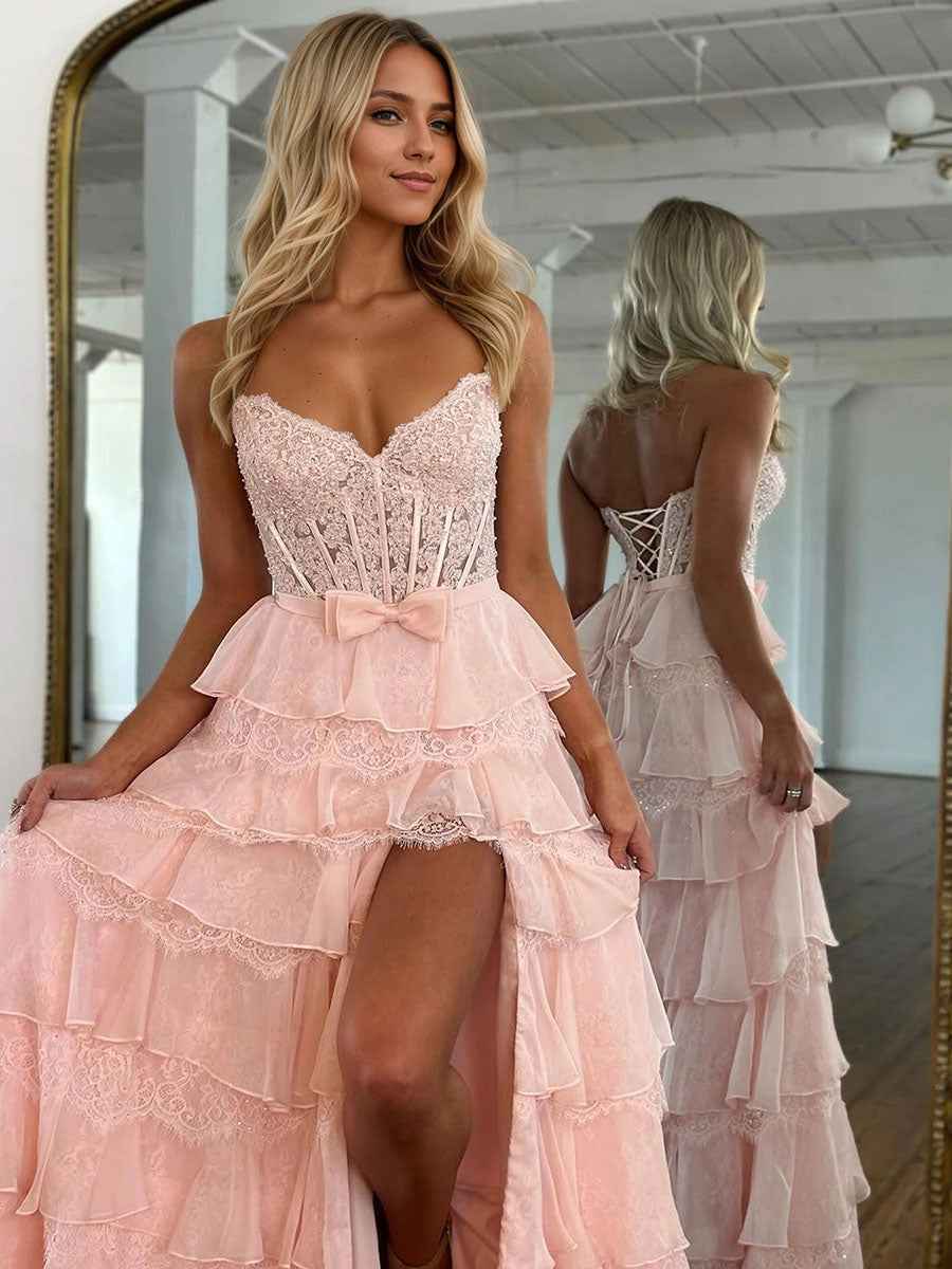 Tiered Yellow Lace Corset Bodice Prom Dress with High Slit