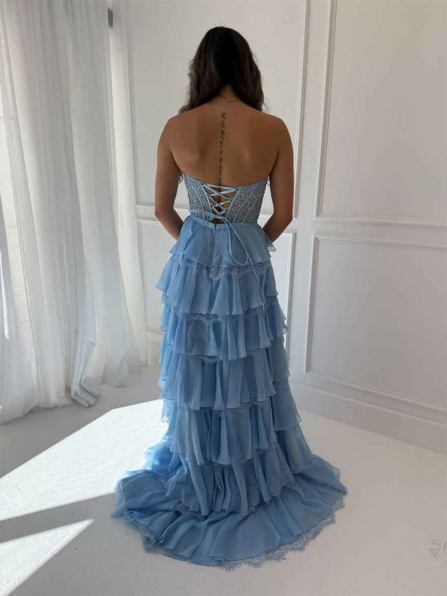 Tiered Yellow Lace Corset Bodice Prom Dress with High Slit