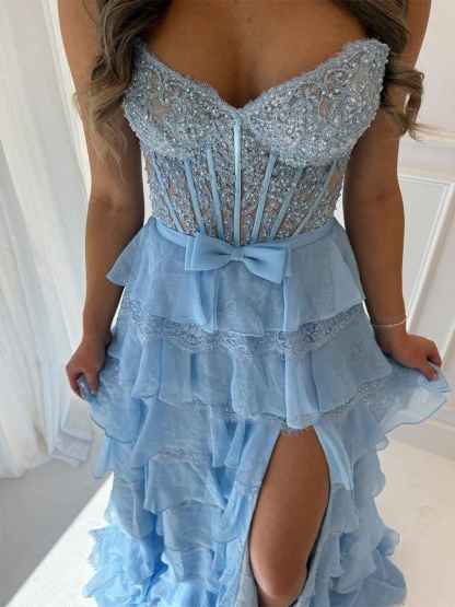Tiered Yellow Lace Corset Bodice Prom Dress with High Slit