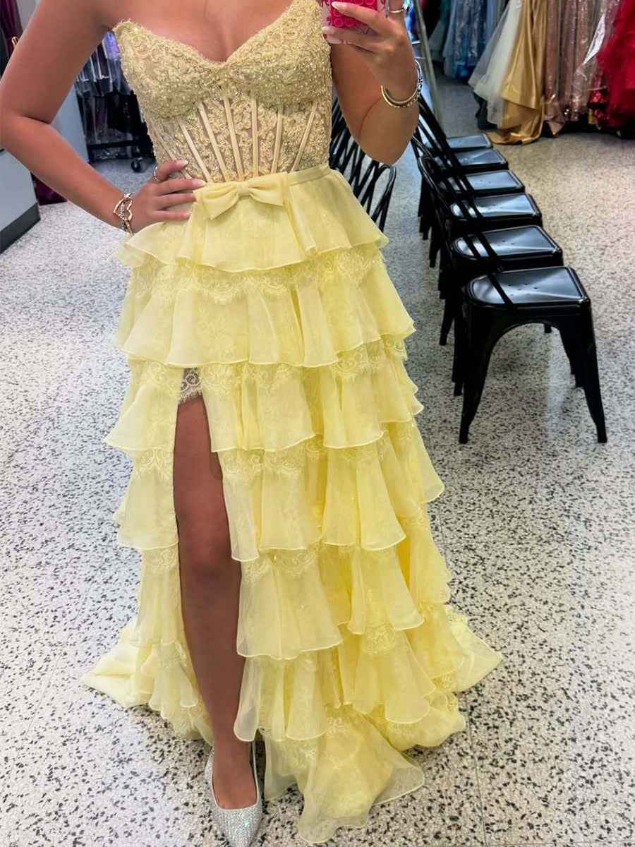 Tiered Yellow Lace Corset Bodice Prom Dress with High Slit