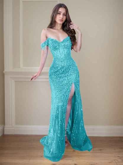 Red Off-the-Shoulder Beaded Tulle Long Prom Dress with Swirling Sequins