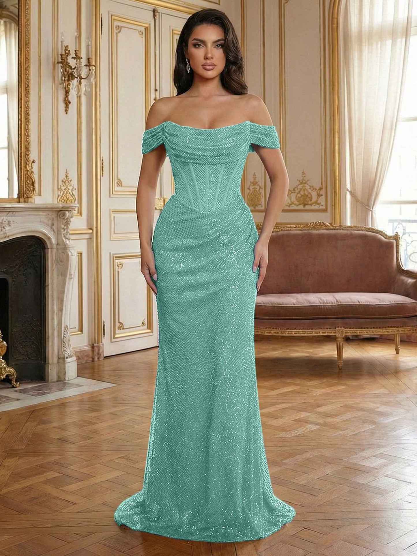 Red Off-The-Shoulder Sequined Corset Mermaid Long Prom Dress