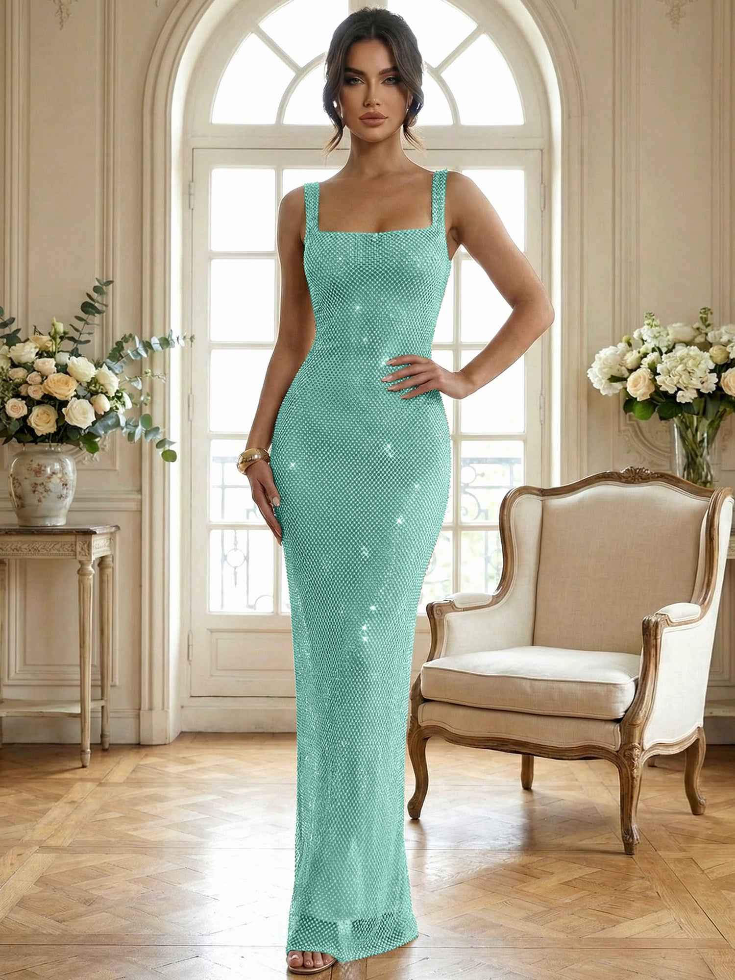 Sparkly Champagne Crystal Mesh Square Neck Long Prom Dress